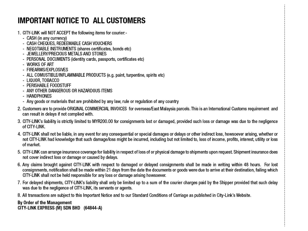 Terms and Conditions of Prepaid Parcel Booklet